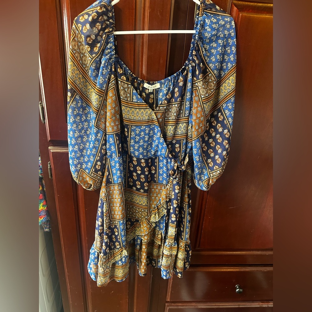 Elegant Blue and Brown Patterned Mini Dress
